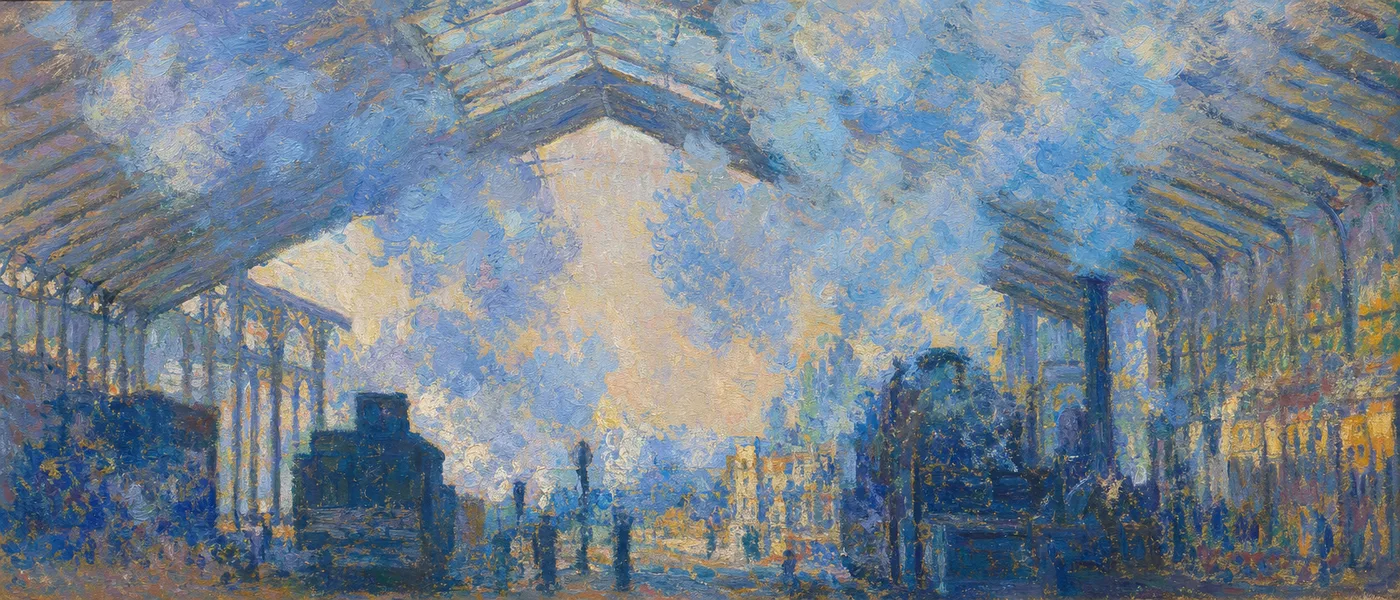 An impressionist railway station filled with morning light